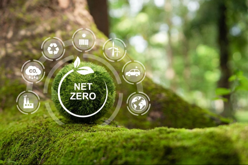Net zero and carbon neutral concept. Net zero greenhouse gas emissions target. Climate neutral long term strategy